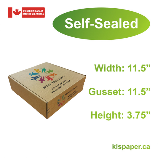 11.5" x 11.5" x 3.75" - Custom Kraft Mailer Boxes Self-Seal Tape - Bundle of 40 - KIS PAPER - 1267; Full Color Custom Print, Printed in Canada; From $2.737/pc