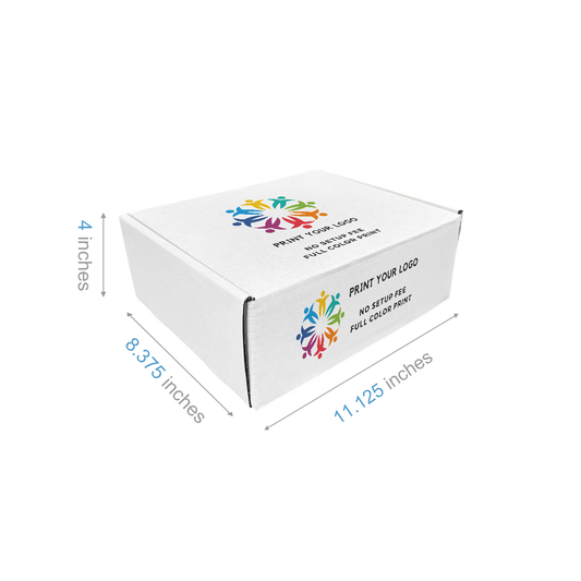11.125" x 8.375" x 4" - Custom White Mailer Boxes - Bundle of 40 - KIS PAPER - 6104; Full Color Custom Print, Printed in Canada; From $1.94/pc
