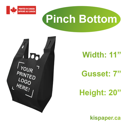 200pcs, Non-Woven Reusable T-Shirt Bag 11x7x20 inches Black Shopping Bags Pinch Bottom, One Color Custom Print, Printed in Canada