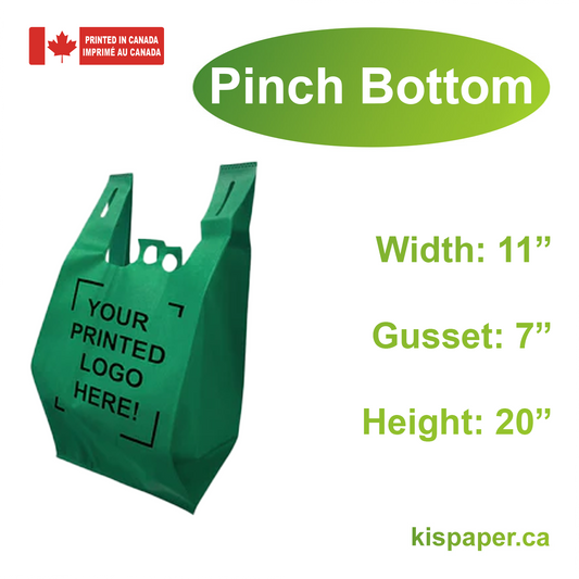 200pcs, Non-Woven Reusable T-Shirt Bag 11x7x20 inches Dark Green Shopping Bags Pinch Bottom, One Color Custom Print, Printed in Canada