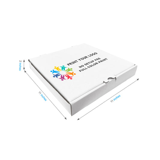 11" x 11" x 2" - Custom White Pizza Boxes - Carton of 50 - KIS PAPER - 1365; Full Color Custom Print, Printed in Canada; $1.07/pc