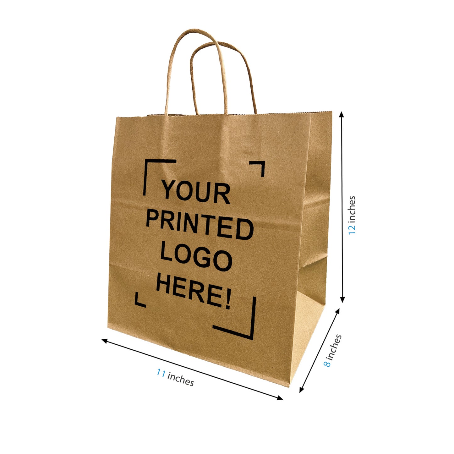 200pcs, Cafe 11x8x12 inches Kraft Paper Bags Cardboard Insert Twisted Handles; Full Color Custom Print, Printed in Canada