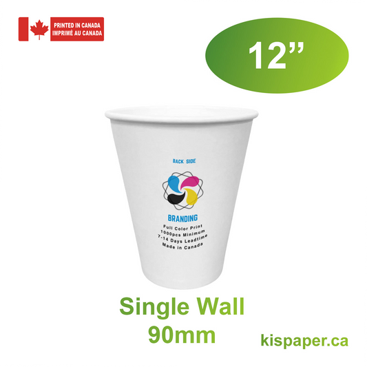 1000pcs 12oz, 355ml Single Wall White Paper Hot Cups with 90mm Opening; Full Color Custom Print, Printed in Canada