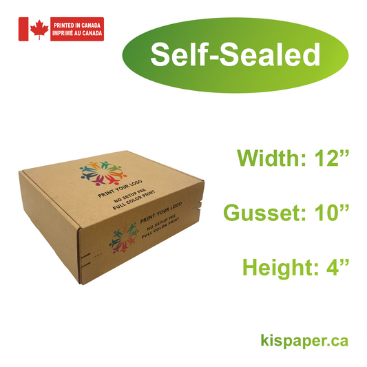 12" x 10" x 4" - Custom Kraft Mailer Boxes Self-Seal Tape - Bundle of 40 - KIS PAPER - 1269; Full Color Custom Print, Printed in Canada; From $2.737/pc