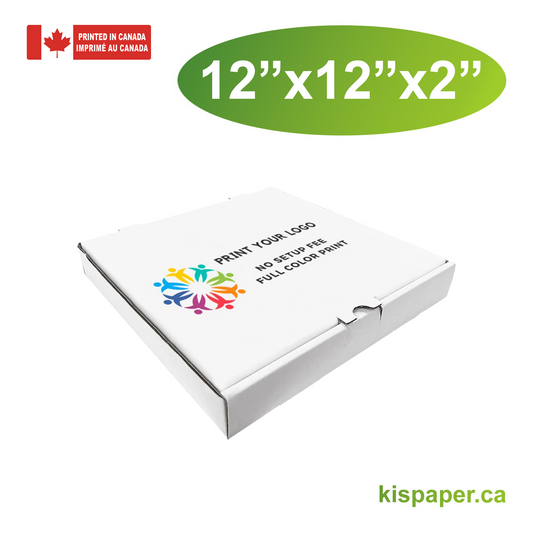 12" x 12" x 2" - Custom White Pizza Boxes - Carton of 50 - KIS PAPER - 5477; Full Color Custom Print, Printed in Canada; $1.32/pc