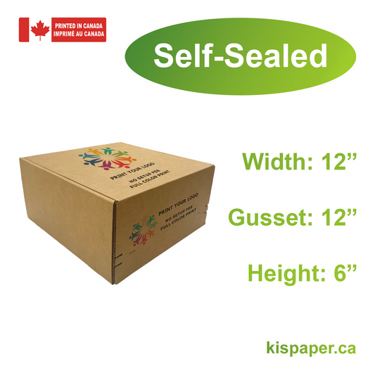 12" x 12" x 6" - Custom Kraft Mailer Boxes Self-Seal Tape - Bundle of 40 - KIS PAPER - 1272; Full Color Custom Print, Printed in Canada; From $3.889/pc