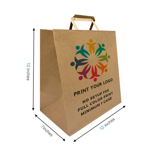 300pcs, Pluto 12x7x12 inches Kraft Paper Bags Flat Handles; Full Color Custom Print, Printed in Canada