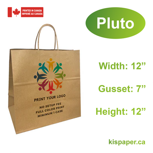 250pcs, Pluto 12x7x12 inches Kraft Paper Bags Twisted Handles; Full Color Custom Print, Printed in Canada