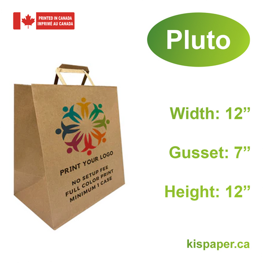 300pcs, Pluto 12x7x12 inches Kraft Paper Bags Flat Handles; Full Color Custom Print, Printed in Canada