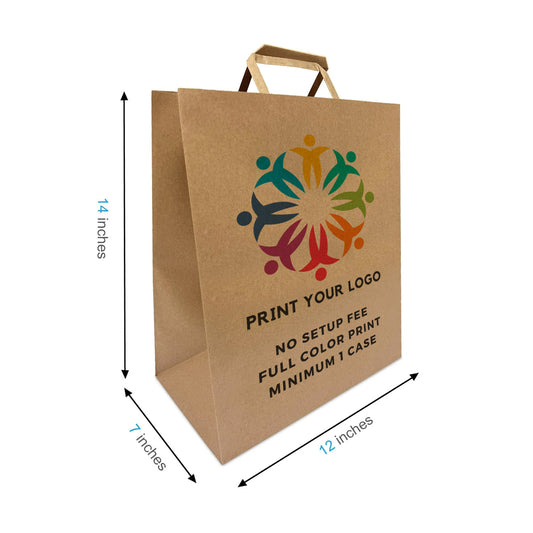 300pcs, Winnie 12x7x14 inches Kraft Paper Bags Flat Handles; Full Color Custom Print, Printed in Canada