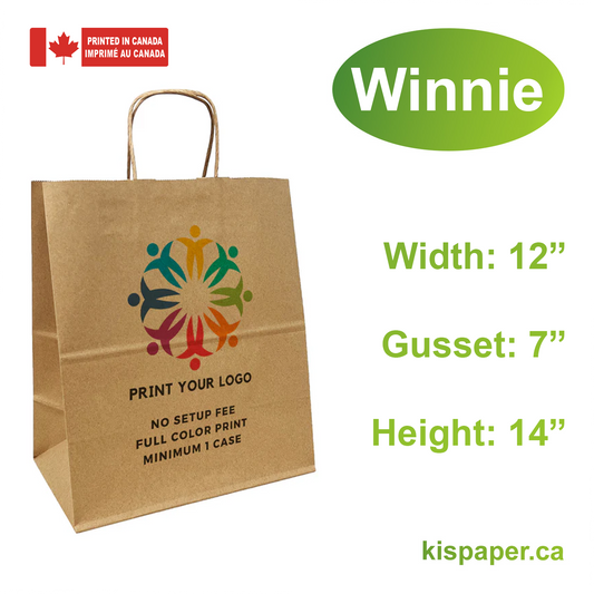 250pcs, Winnie 12x7x14 inches Kraft Paper Bags Twisted Handles; Full Color Custom Print, Printed in Canada