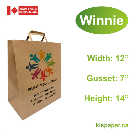 300pcs, Winnie 12x7x14 inches Kraft Paper Bags Flat Handles; Full Color Custom Print, Printed in Canada