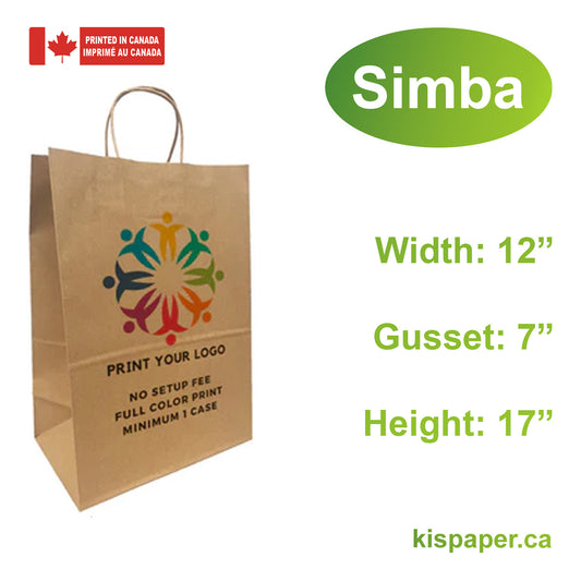 250pcs, Simba 12x7x17 inches Kraft Paper Bag Twisted Handles, Full Color Custom Print, Printed in Canada