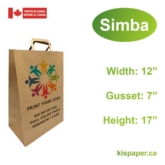 300pcs, Simba 12x7x17 inches Kraft Paper Bag Flat Handles, Full Color Custom Print, Printed in Canada