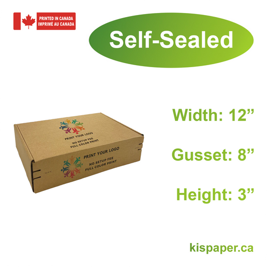 12" x 8" x 3" - Custom Kraft Mailer Boxes Self-Seal Tape - Bundle of 40 - KIS PAPER - 1268; Full Color Custom Print, Printed in Canada; From $2.035/pc