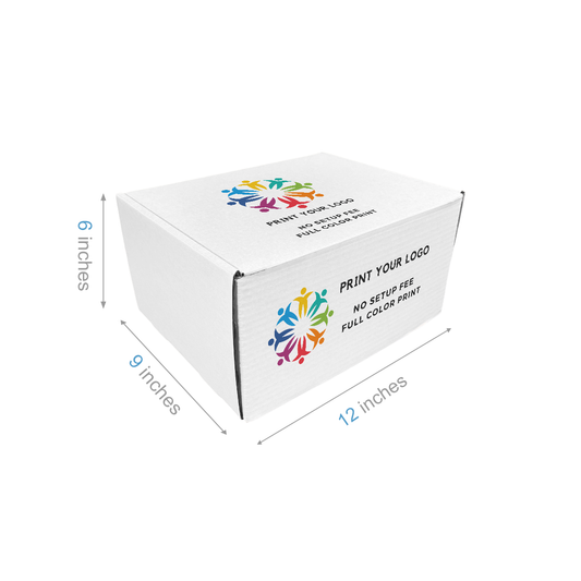 12" x 9" x 6" - Custom White Mailer Boxes - Bundle of 40 - KIS PAPER - 6103; Full Color Custom Print, Printed in Canada; From $4.31/pc