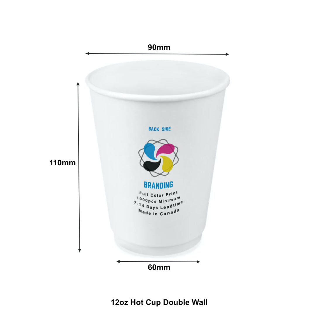 500pcs 12oz, 355ml Double Wall White Paper Hot Cups with 90mm Opening; Full Color Custom Print, Printed in Canada