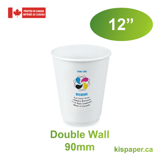 500pcs 12oz, 355ml Double Wall White Paper Hot Cups with 90mm Opening; Full Color Custom Print, Printed in Canada