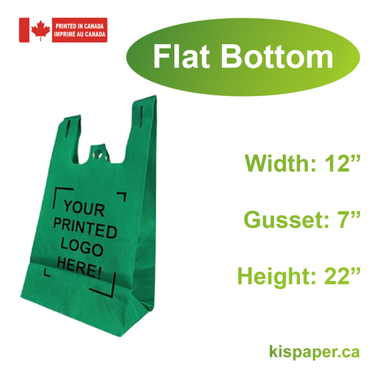 200pcs, Non-Woven Reusable T-Shirt Bag 12x7x22x7 inches Dark Green Shopping Bags Flat Bottom, One Color Custom Print, Printed in Canada