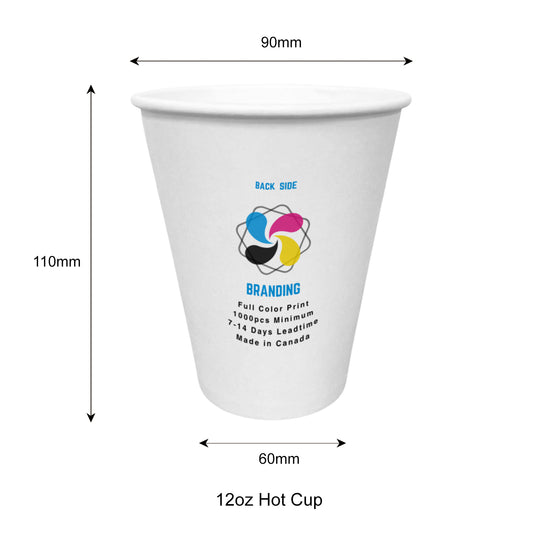 1000pcs 12oz, 355ml Single Wall White Paper Hot Cups with 90mm Opening; Full Color Custom Print, Printed in Canada