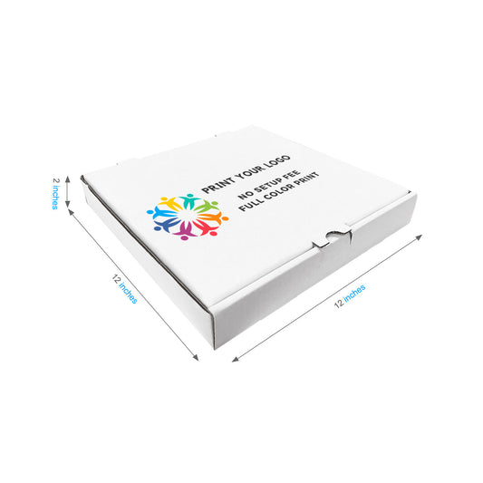 12" x 12" x 2" - Custom White Pizza Boxes - Carton of 50 - KIS PAPER - 1366; Full Color Custom Print, Printed in Canada; $1.32/pc