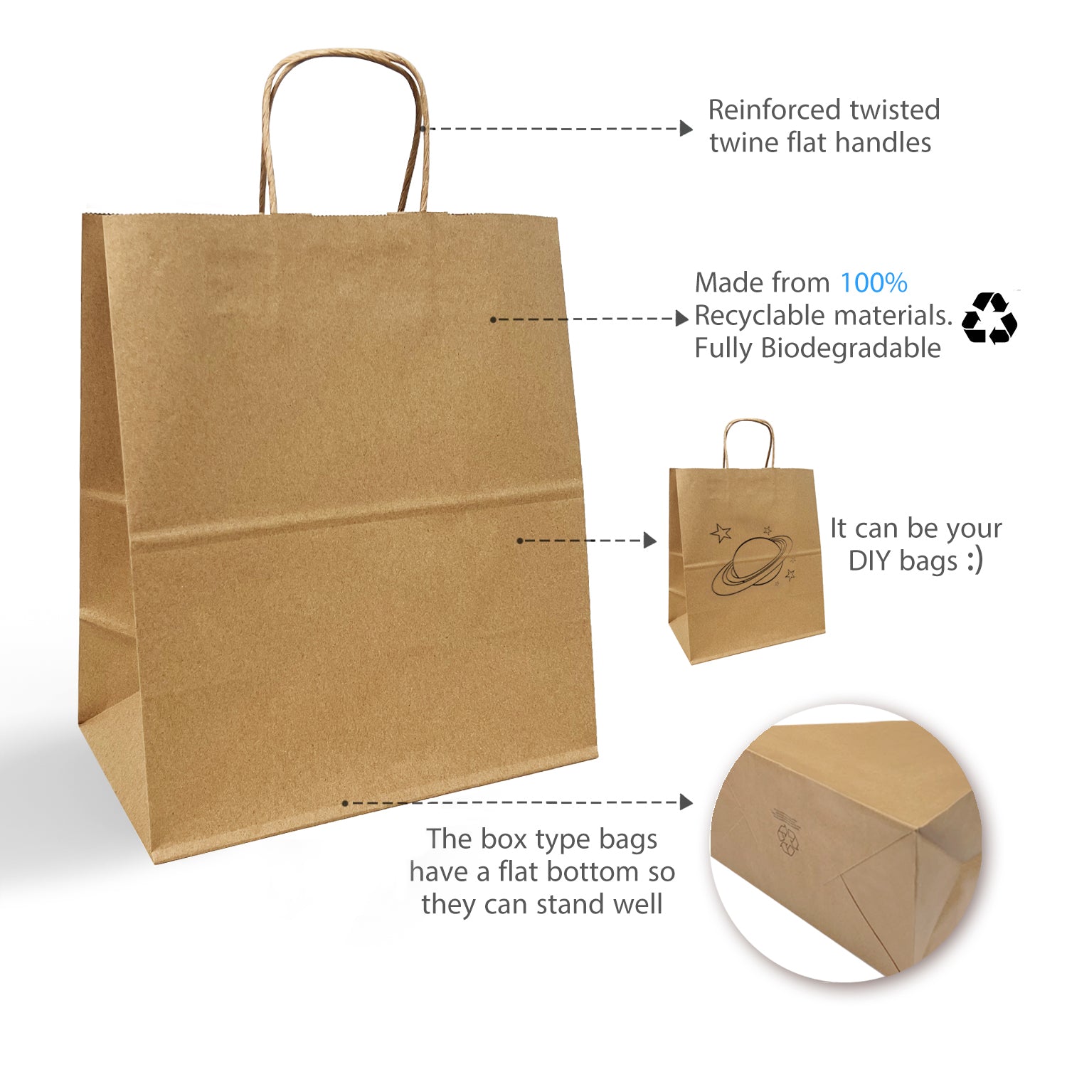250 Pcs, Winnie, 12x7x14 inches, Kraft Paper Bags, with Twisted Handle