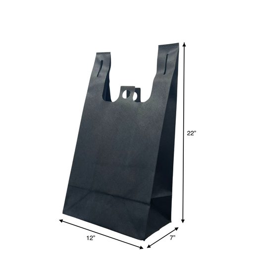 12" x 7" x 22" x 7" - Flat Bottom - Black Non-Woven T-Shirt Bags - Carton of 200 - KIS PAPER - 5253; $0.48/pc
