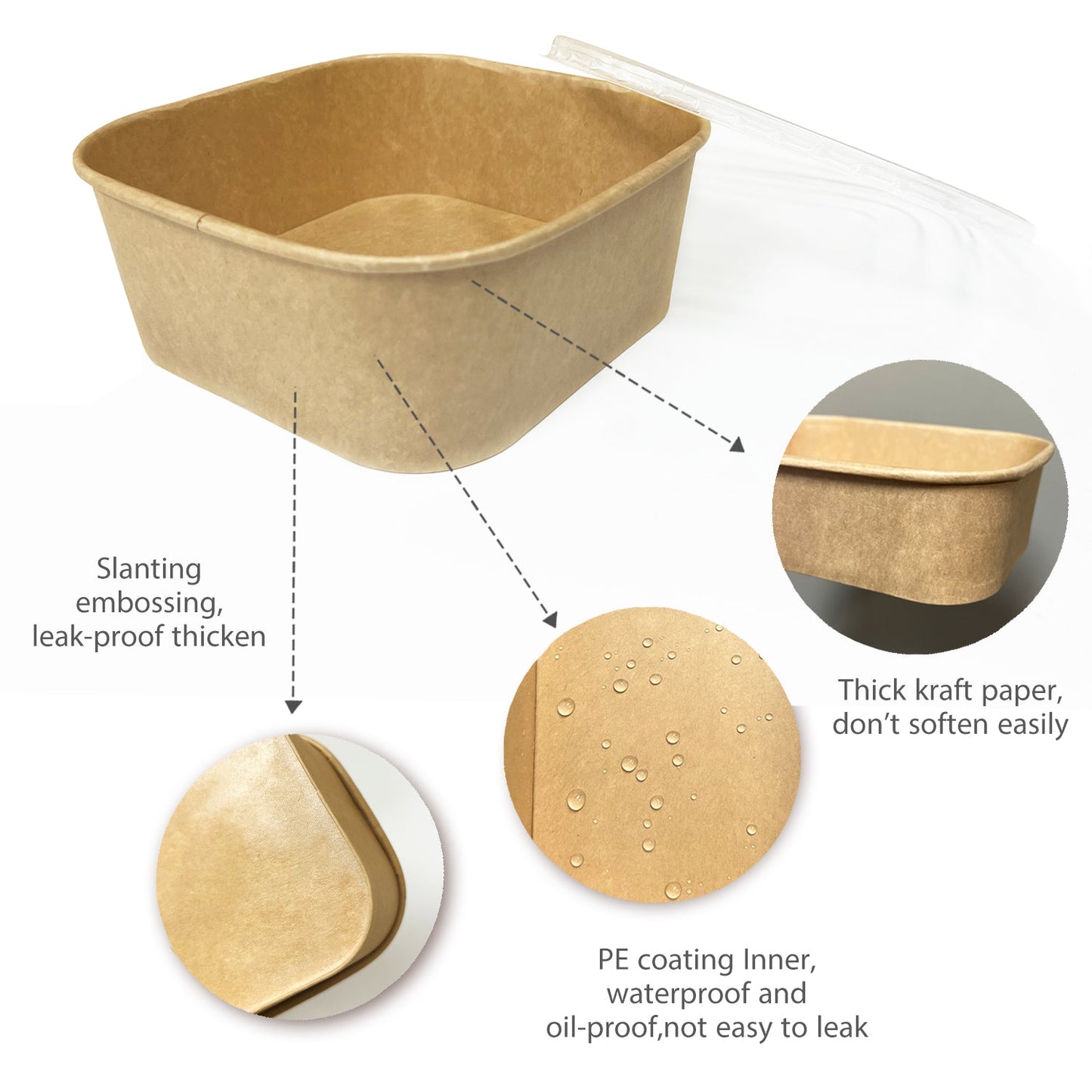 KIS-FC1000S | 34oz, 1000ml Kraft Paper Square Containers Base; From $0.26/pc