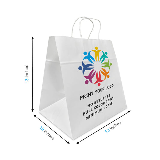 250pcs, Cake 13x10x13 inches White Paper Bags Twist Handles; Full Color Custom Print, Printed in Canada