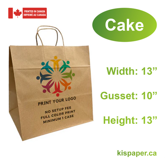 250pcs, Cake 13x10x13 inches Kraft Paper Bags Twist Handles; Full Color Custom Print, Printed in Canada