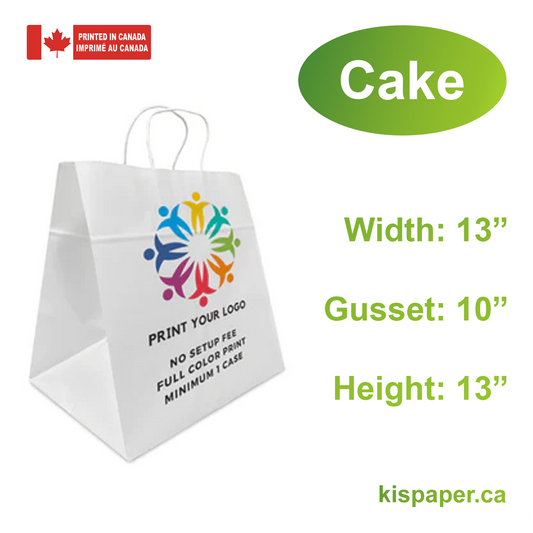 250pcs, Cake 13x10x13 inches White Paper Bags Twist Handles; Full Color Custom Print, Printed in Canada