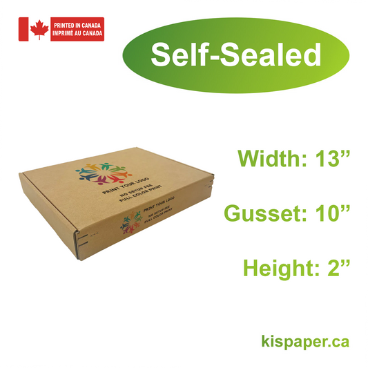 13" x 10" x 2" - Custom Kraft Mailer Boxes Self-Seal Tape - Bundle of 40 - KIS PAPER - 1273; Full Color Custom Print, Printed in Canada; From $2.629/pc