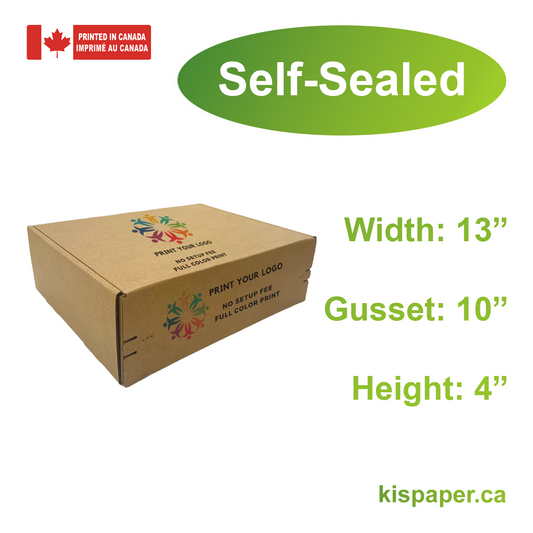 13" x 10" x 4" - Custom Kraft Mailer Boxes Self-Seal Tape - Bundle of 40 - KIS PAPER - 1274; Full Color Custom Print, Printed in Canada; From $2.881/pc