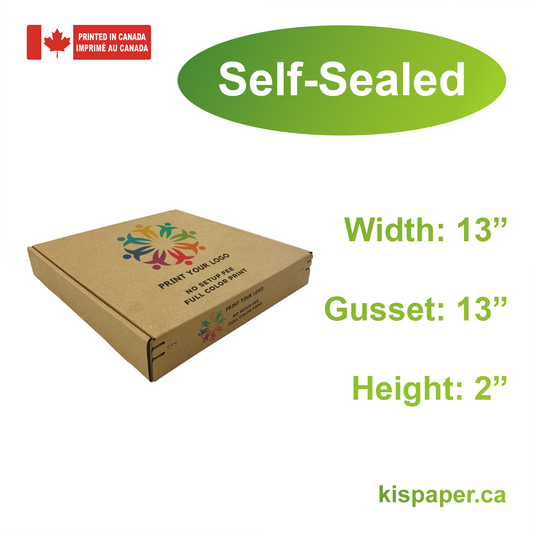 13" x 13" x 2" - Custom Kraft Mailer Boxes Self-Seal Tape - Bundle of 40 - KIS PAPER - 1275; Full Color Custom Print, Printed in Canada; From $2.674/pc