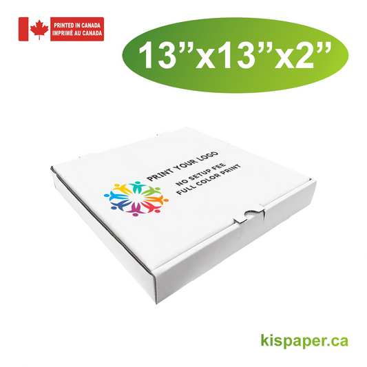 13" x 13" x 2" - Custom White Pizza Boxes - Carton of 50 - KIS PAPER - 5478; Full Color Custom Print, Printed in Canada; $1.62/pc