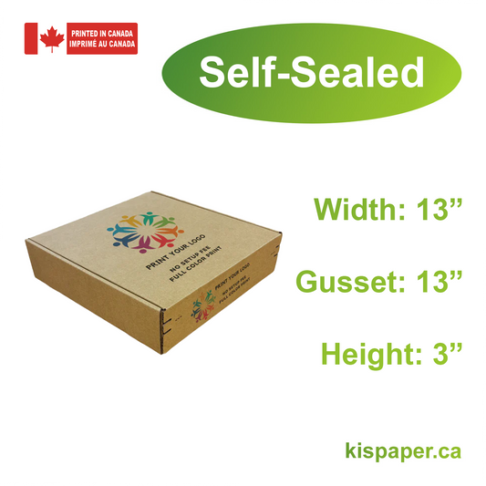 13" x 13" x 3" - Custom Kraft Mailer Boxes Self-Seal Tape - Bundle of 40 - KIS PAPER - 1276; Full Color Custom Print, Printed in Canada; From $2.782/pc