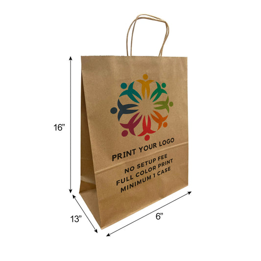 250pcs, Traveler 13x6x16 inches Kraft Paper Bags Twist Handles, Full Color Custom Print, Printed in Canada