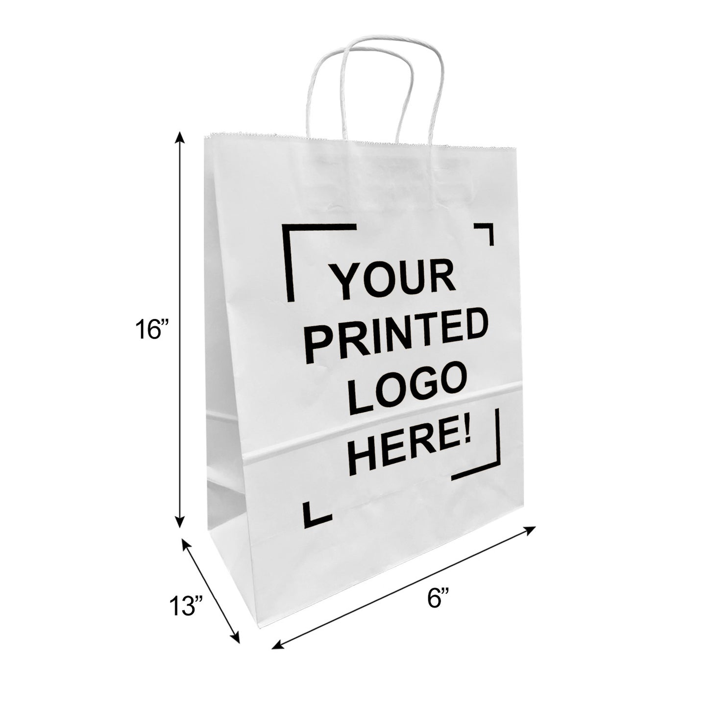 250 Pcs, Traveler, 13x6x16 inches, White Kraft Paper Bags, with Twisted Handle, Full Color Custom Print