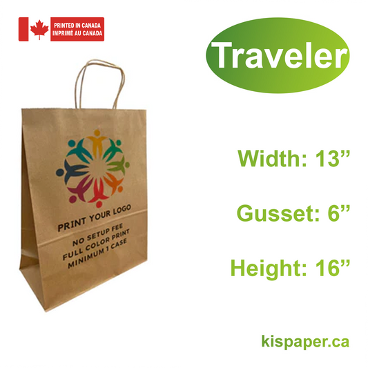 250pcs, Traveler 13x6x16 inches Kraft Paper Bags Twist Handles, Full Color Custom Print, Printed in Canada