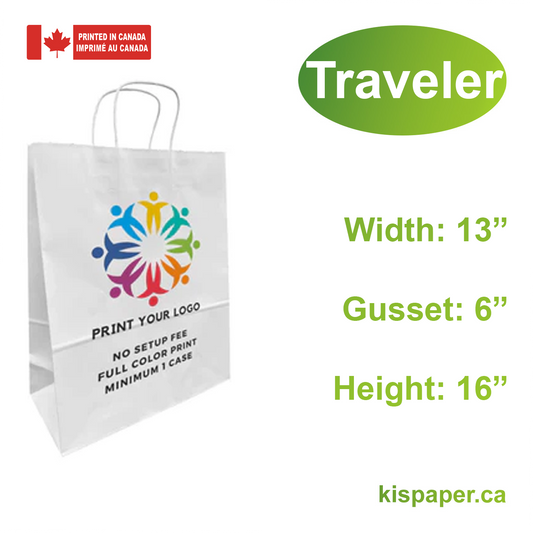 250pcs, Traveler 13x6x16 inches White Paper Bags Twist Handles, Full Color Custom Print, Printed in Canada