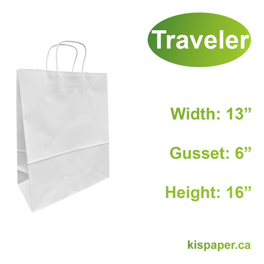 1366W | 250pcs Traveler 13x6x16 inches White Paper Bags with Twisted Handles; $0.64/bag