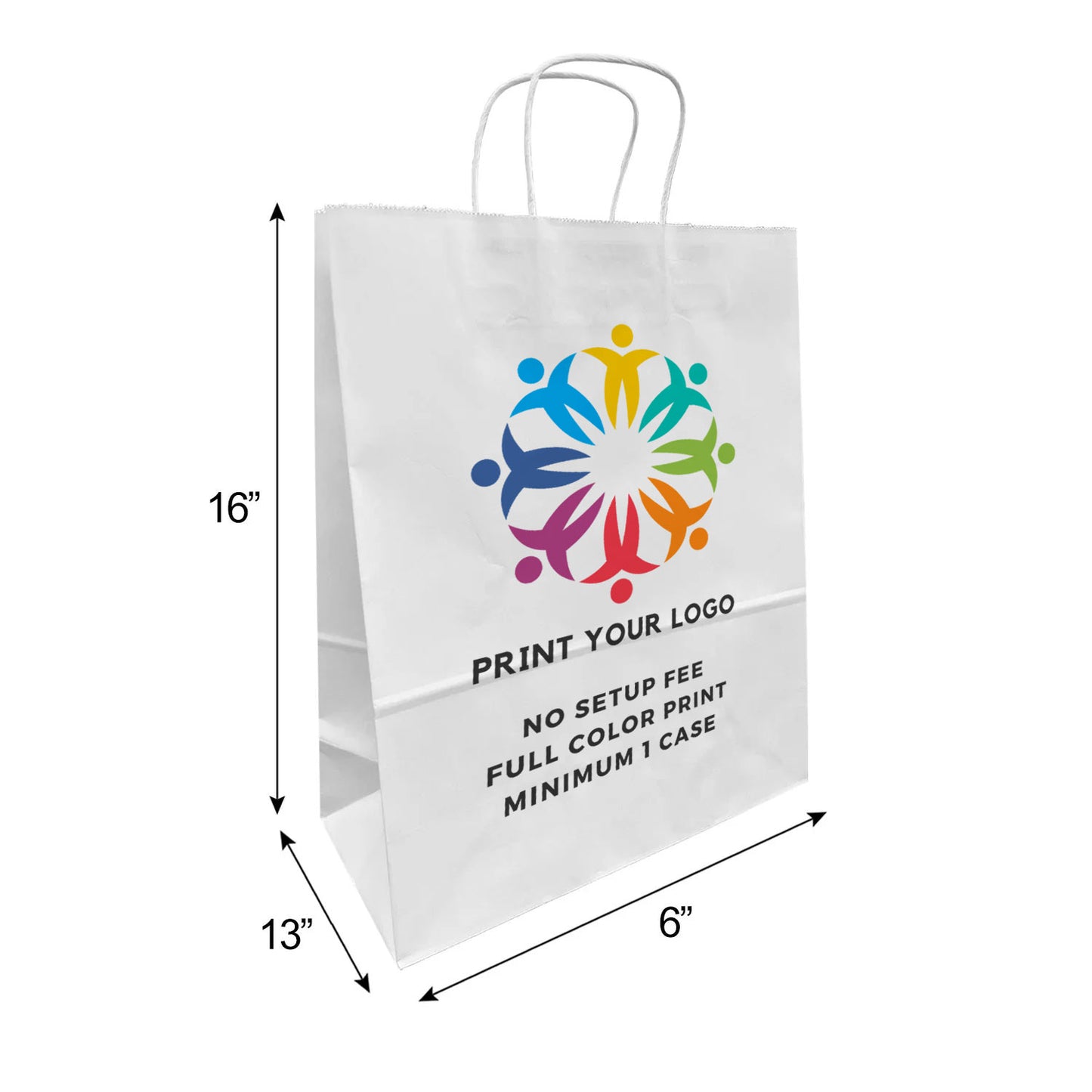 250pcs, Traveler 13x6x16 inches White Paper Bags Twist Handles, Full Color Custom Print, Printed in Canada