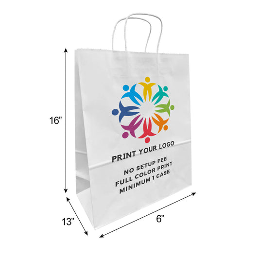 250pcs, Traveler 13x6x16 inches White Paper Bags Twist Handles, Full Color Custom Print, Printed in Canada