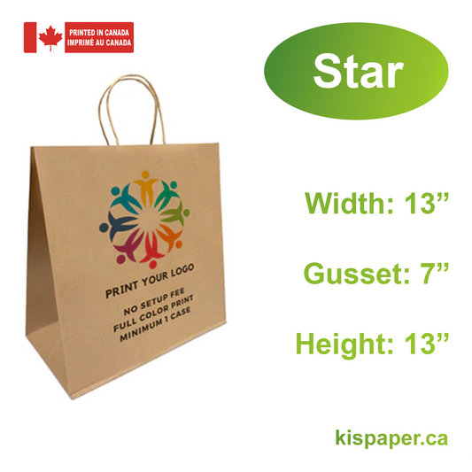 250pcs, Star 13x7x13 inches Kraft Paper Bags Twist Handles, Full Color Custom Print, Printed in Canada