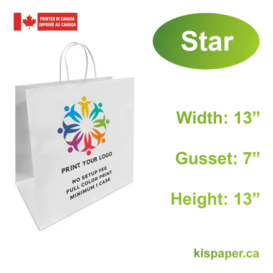 250pcs, Star 13x7x13 inches White Paper Bags Twist Handles, Full Color Custom Print, Printed in Canada