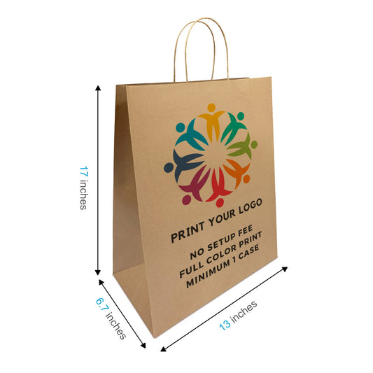 250pcs, Mart 13x7x17 inches Kraft Paper Bags Twist Handles, Full Color Custom Print, Printed in Canada