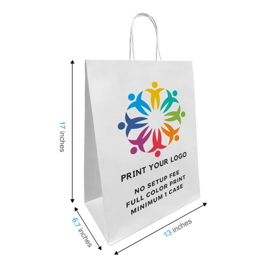 250pcs, Mart 13x7x17 inches White Paper Bags Twist Handles, Full Color Custom Print, Printed in Canada