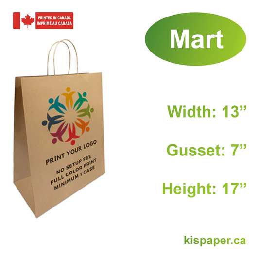 250pcs, Mart 13x7x17 inches Kraft Paper Bags Twist Handles, Full Color Custom Print, Printed in Canada