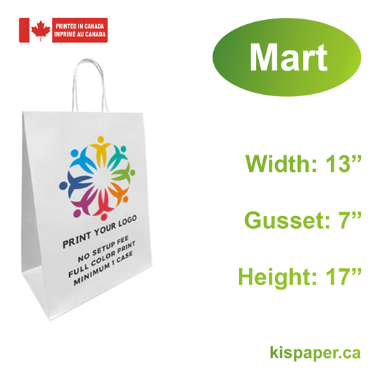 250pcs, Mart 13x7x17 inches White Paper Bags Twist Handles, Full Color Custom Print, Printed in Canada