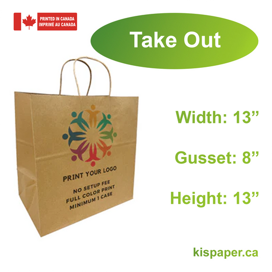 200pcs, Take Out 13x8x13 inches Kraft Paper Bags Cardboard Insert Twisted Handles; Full Color Custom Print, Printed in Canada